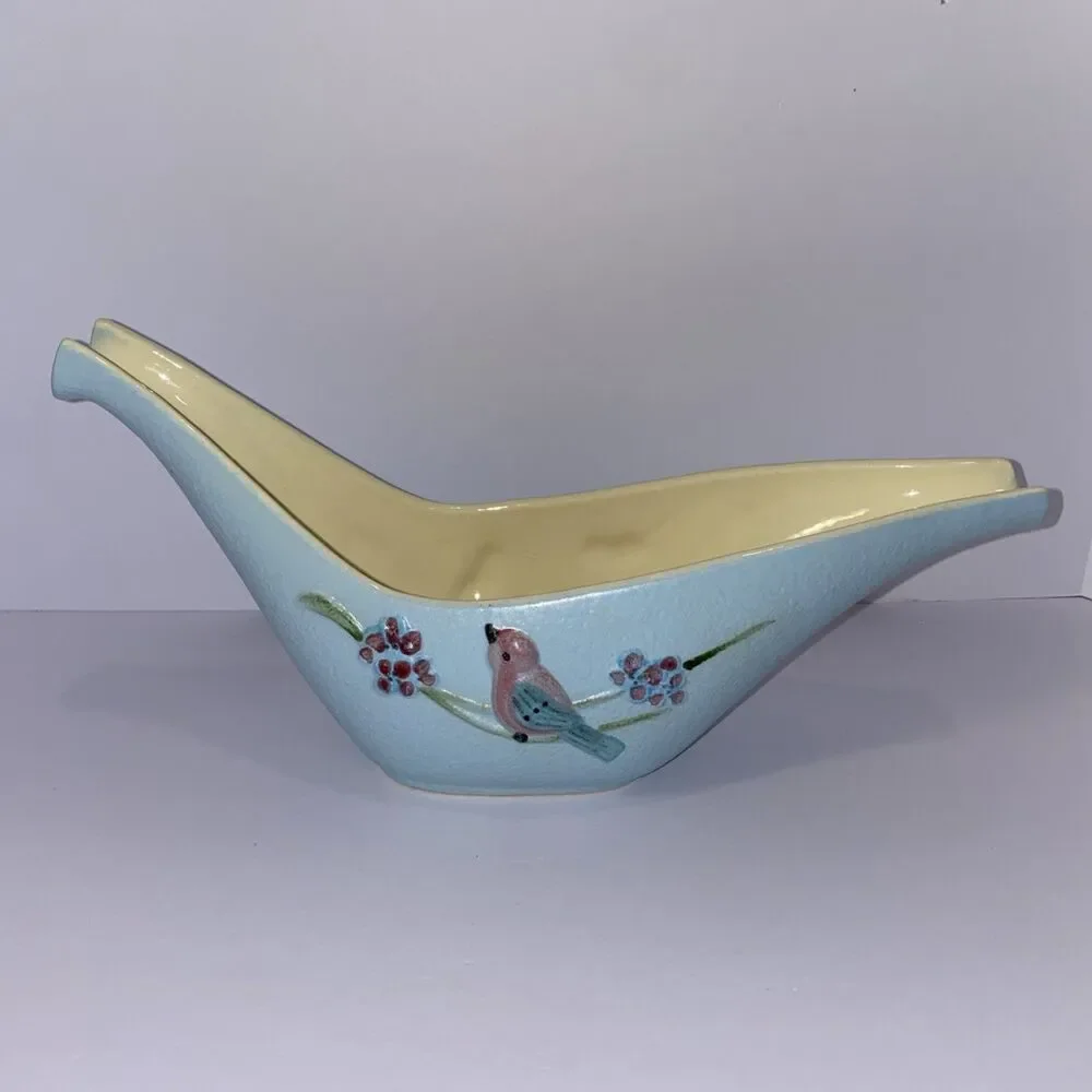 Vintage Hull Pottery S9 Long Vase '57 Hand-Painted Birds & Flowers –Blue Ceramic